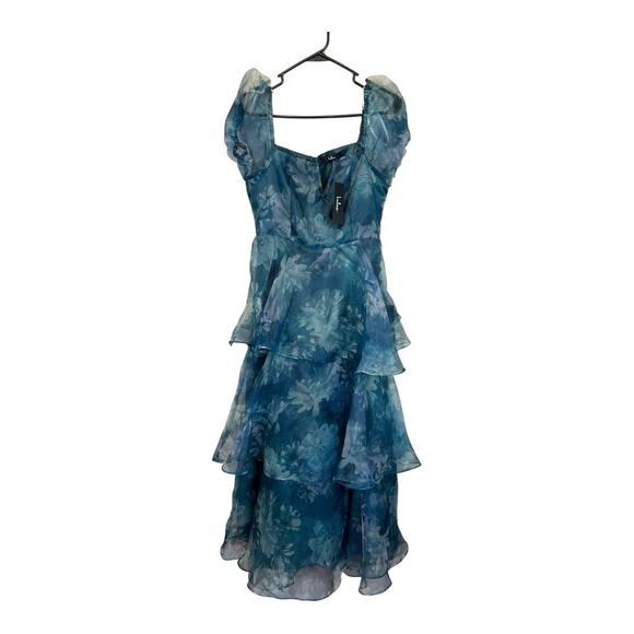 Lulu's Lulus Darling Vision Teal Floral Organza Puff Sleeve Tiered Midi Dress M - Picture 11 of 16